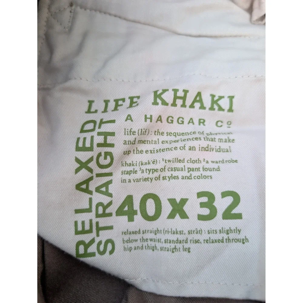 HAGGAR Life Khaki Pants Mens 40x32 Brown Relaxed Straight Repreve Blend
